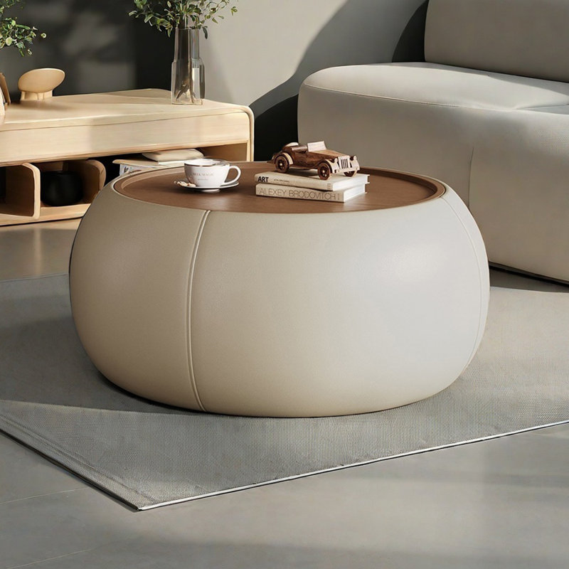 Round Creamy Coffee Table with Walnut Veneer