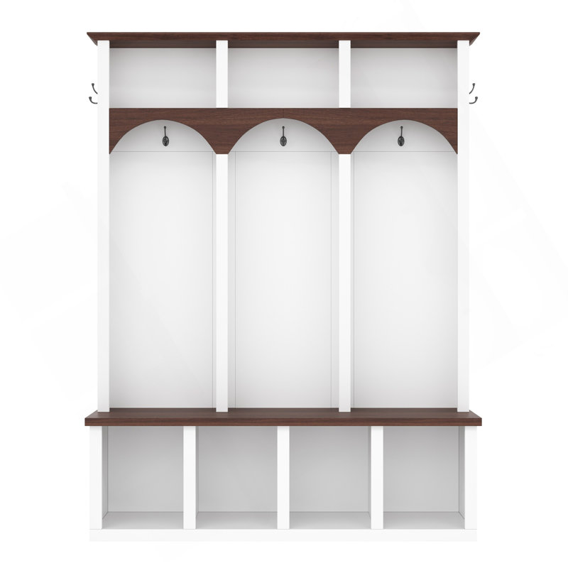 Farmhouse Wooden Style Hall Tree With Arched Design, Practical Entryway Walnut Storage Bench With 5 Black Hooks, Minimalist 4-In-1 Hallway Shoe Cabinet With 7 Cubbies For Mudroom, Living Room, White