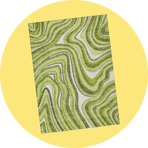 A rectangular area rug featuring an abstract green and cream wavy swirl pattern, on a yellow background.