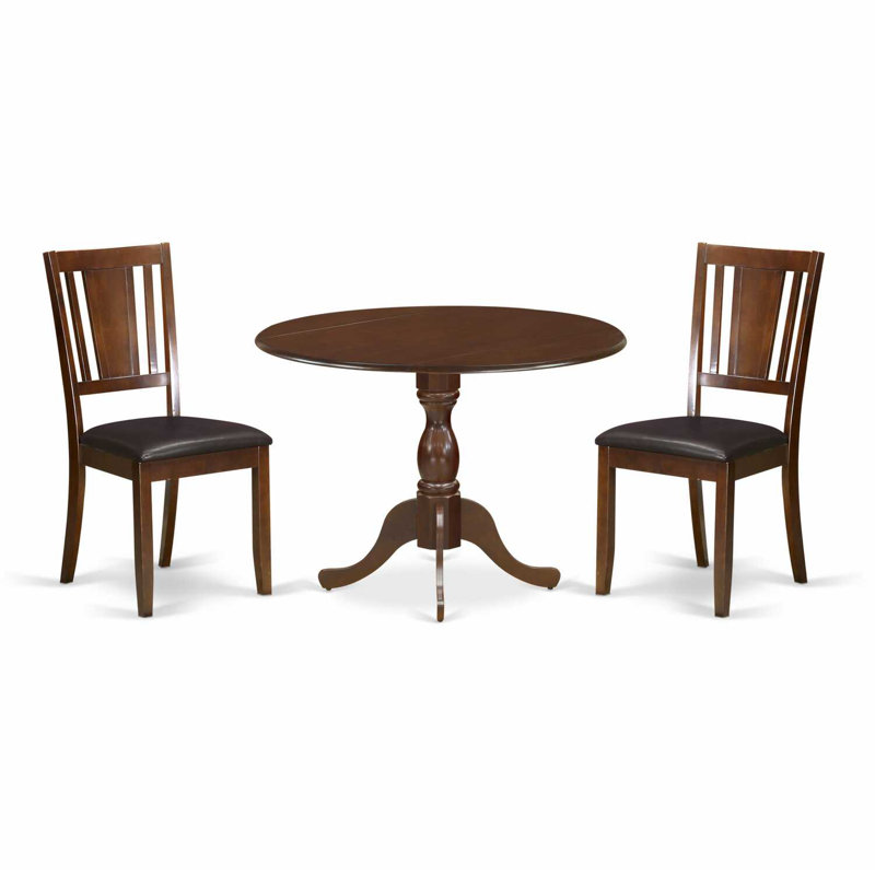 L'ensemble de table de salle à manger 3 pièces contient une table de salle à manger ronde avec Dropleaf et 2 chaises rembourrées en tissu de lin, 42 x 42 pouces, acajou
