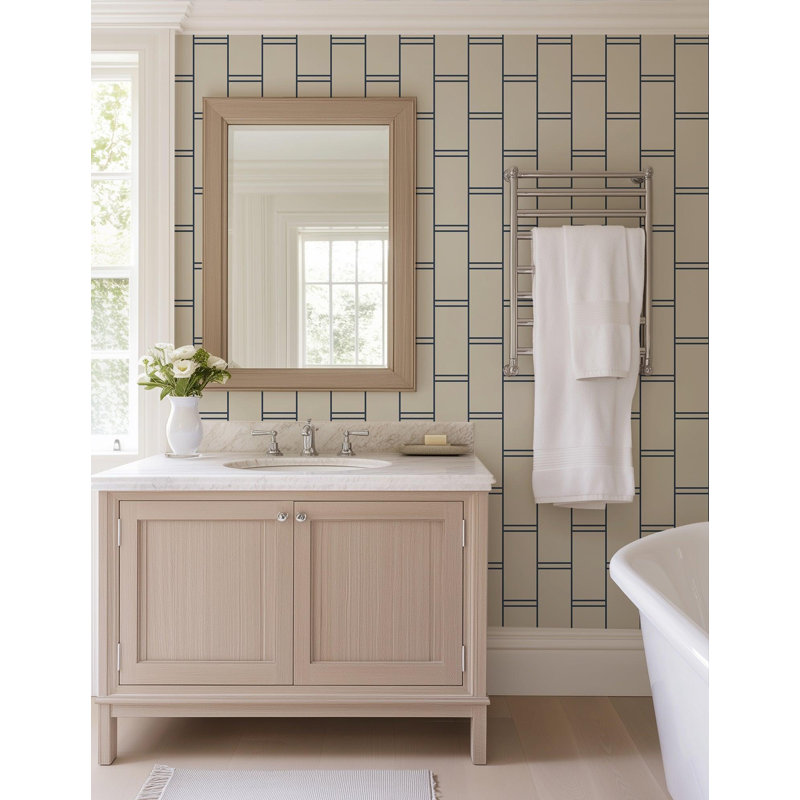 Pillar Stripe - Oxford Blue Wallpaper, Non-Pasted, Blue; Beige