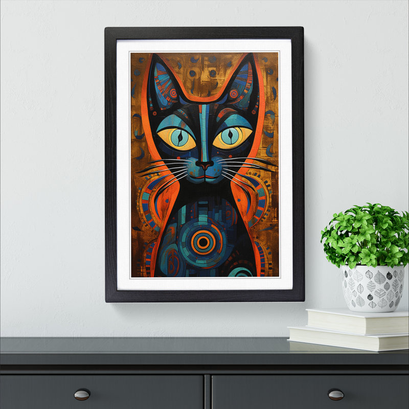 XYZ-FRM-V1223-617 Egyptian Cat Modern No.4 - Single Picture Frame Print on Wood, 34cm H x 25cm W x 2cm D, Black