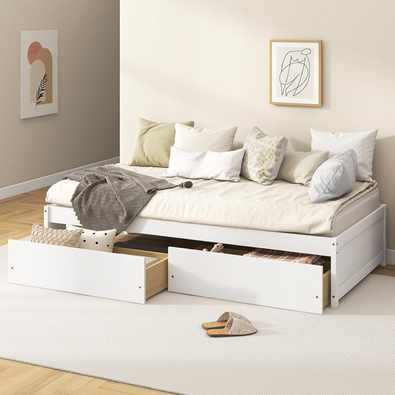 Structure de lit simple en bois massif avec 2 tiroirs de rangement, lit plateforme avec support à lattes, robuste, blanc