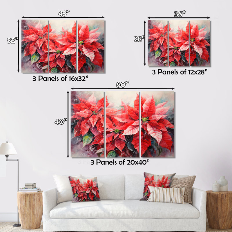 Poinsettia Flower Expressions - Floral Canvas Art Print, H 30 po x l 40 po x P 1,5 po, Cadre simple argenté