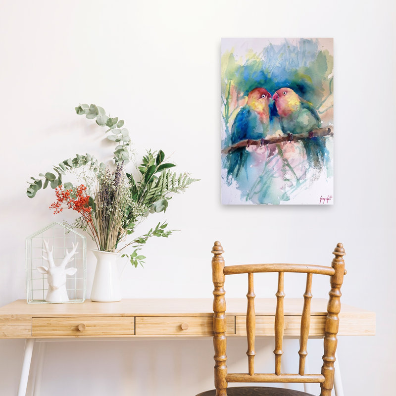 «Colorful Lovebirds» aquarelle abstraite, oiseau romantique coloré, impression d'art mural tropical, 24" H x 16" W