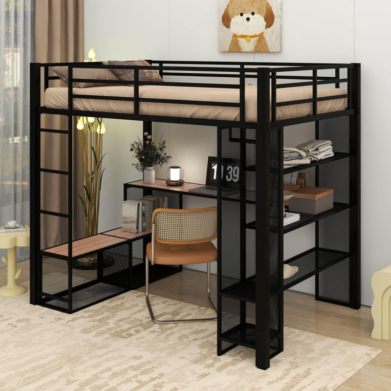 Lit mezzanine en métal avec tablettes et garde-robe, Noir, noir, noir, noir, Double