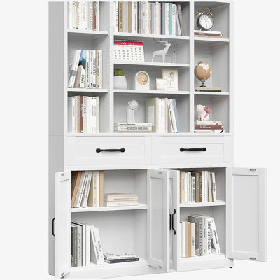 71" Tall Bookcase with Doors, Drawers & Adjustable Open Shelves, Metal Storage Cabinet, Industrial Bookshelf