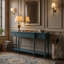 Console Traditional Traditional avec 3 tiroirs à fermeture en douceur et tablette inférieure, structure en bois massif, pieds romains tournés, poignées en cuivre rétro, bleu-648557928