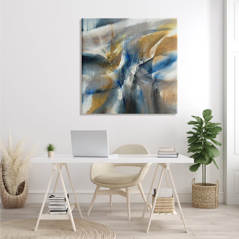 Bleu, gris, jaune, distorsion, forme occupée - peinture, Toile tendue, H 36 po x l 36 po