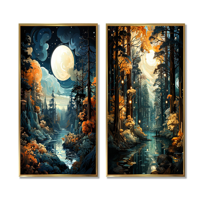 Ensemble de 2 impressions sur toile Moonlight River Retreat Into The Forest IV - Forest River Mountains, Encadrement doré
