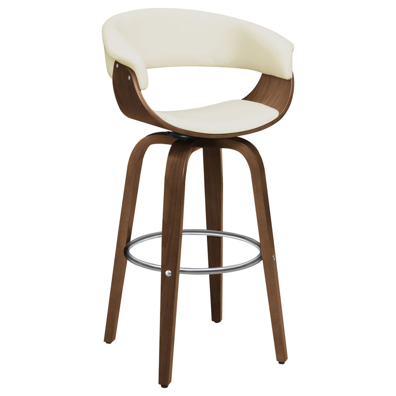 Ecru Faux Leather Walnut Swivel Bar Stool with Chrome Footrest