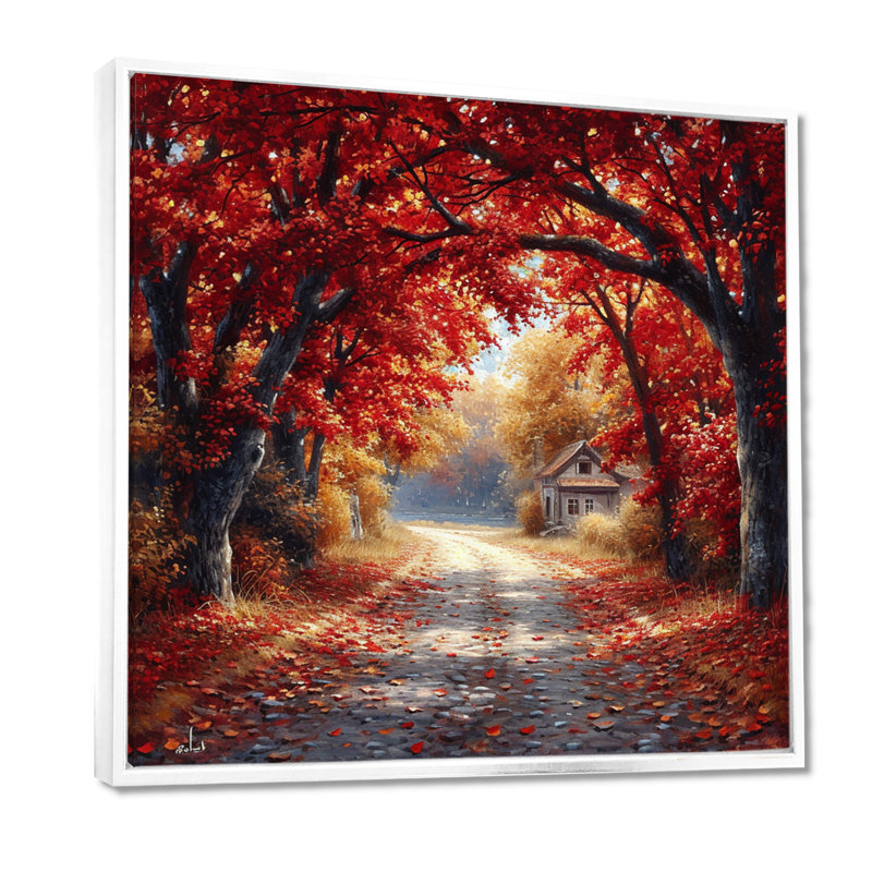 Red Autumn Road Coming Home - Art mural arbre, Cadre flottant blanc, bois massif, H 36 po x l 36 po