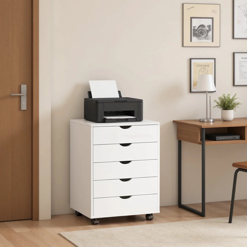 5 Drawer Chest Mobile Storage Cabinets Small Wooden Dresser With Wheels Room Organization Furniture For Office Home, White