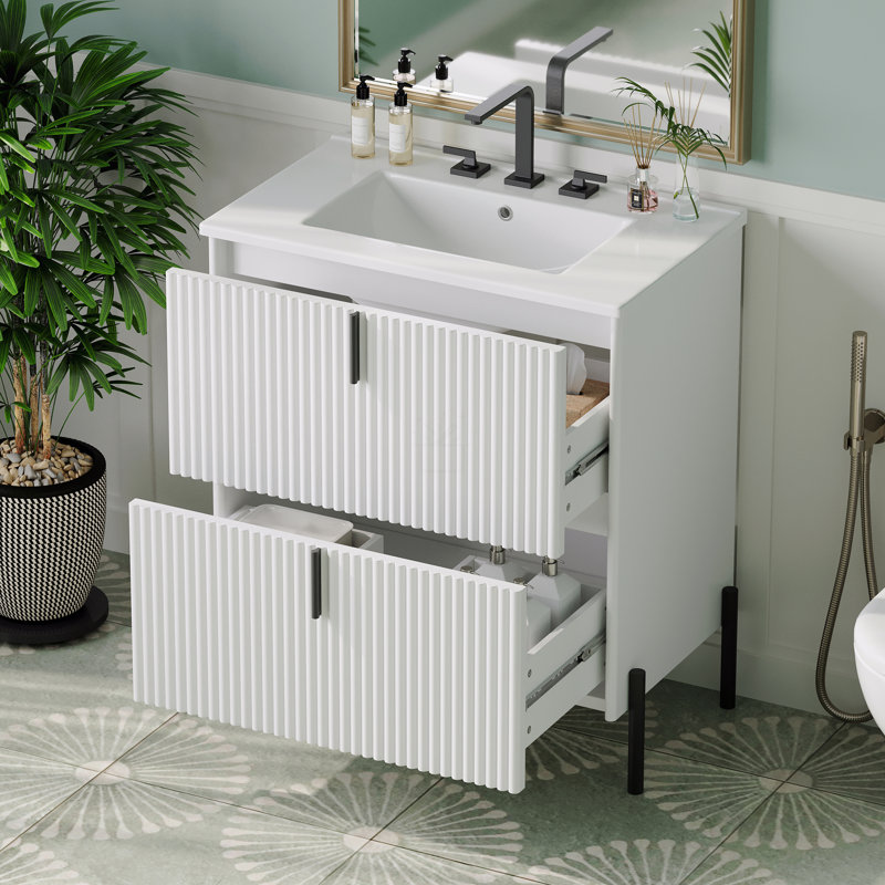 30" Bathroom Vanity With Ceramic Sink, Equipped With Vertical Pulls And Full-Extension Drawers, Freestanding Bathroom Vanity With Soft Close Drawer Slides