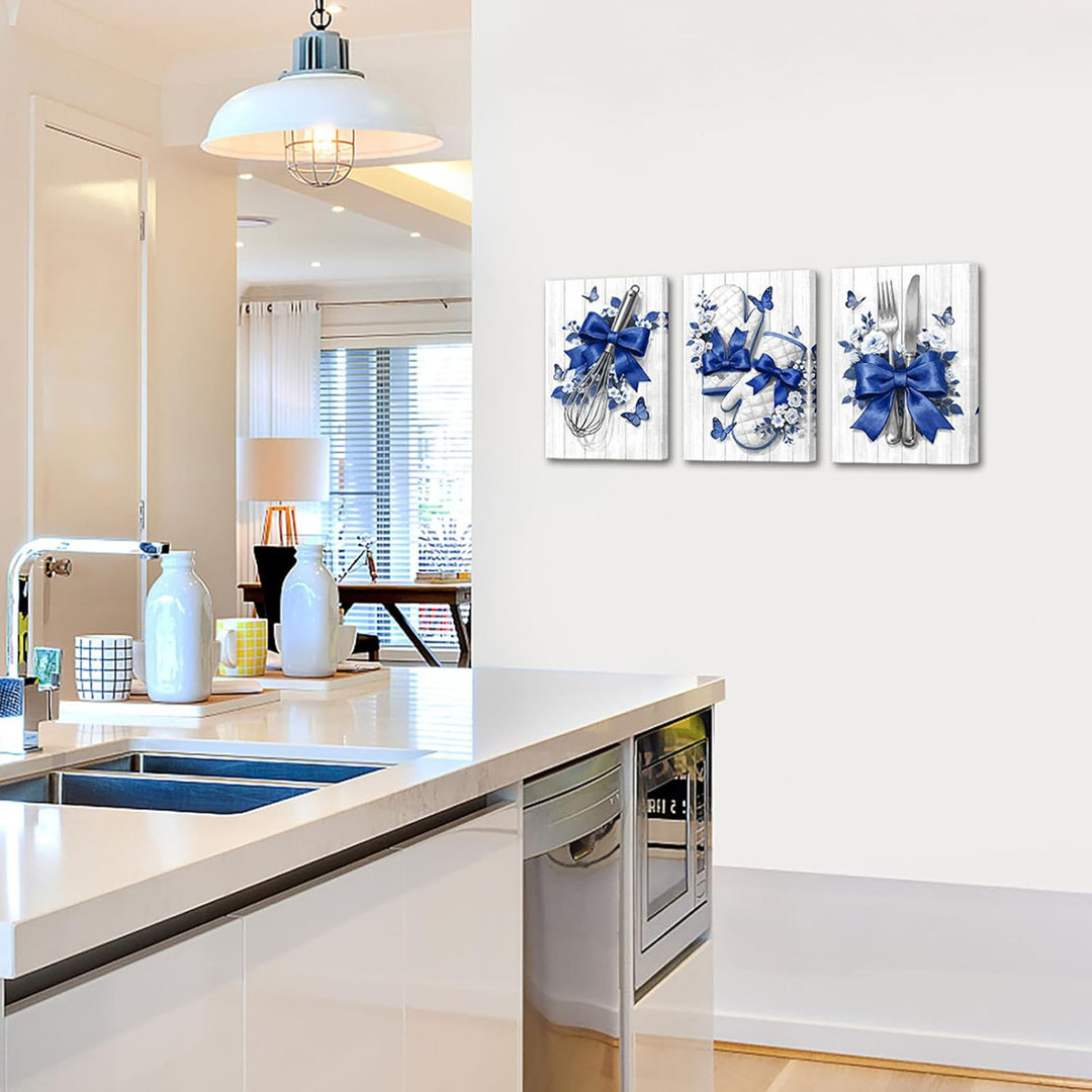 Kitchen Wall Art Decor Blue And White Kitchen Pictures Farmhouse Bakery Dining Room Painting Framed 12 * 16 Inches*3Pcs (Blue)