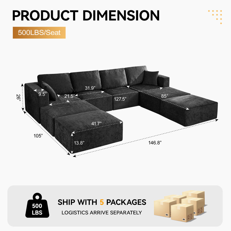 146.8" Oversized Modular Sofa Bed, U-Shaped 4-Seater Sectional with 4 Movable Ottomans, No Assembly Convertible Sleeper Couch