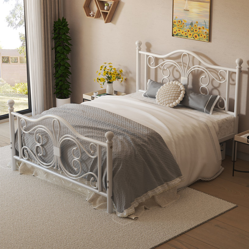 Eylin Metal Platform Bed with Butterfly Design Headboard and Footboard, Underbed Storage, Full, White
