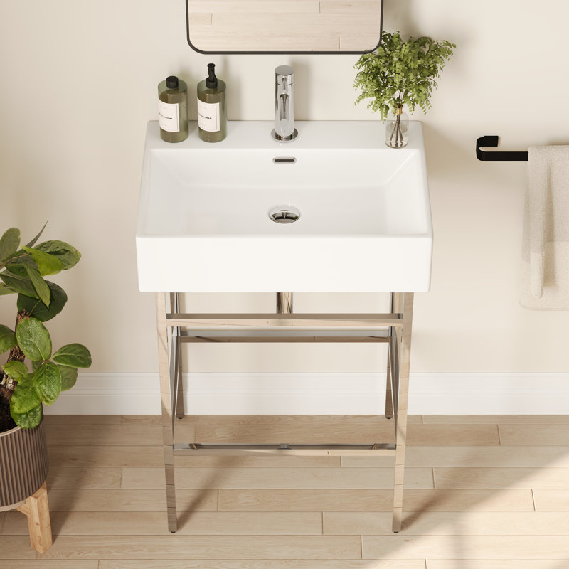 Silver Ceramic Wall-Mount Console Bathroom Sink with Stainless Steel Bracket