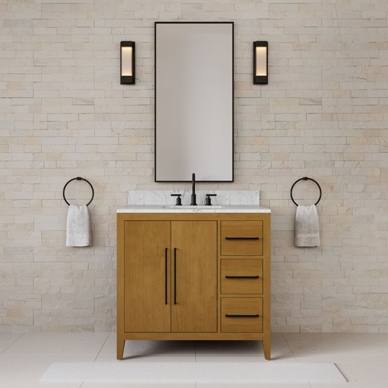 Berwyn  Single Sink Carrara White Engineered Marble Countertop Bath Vanity In Baja Oak, 36"