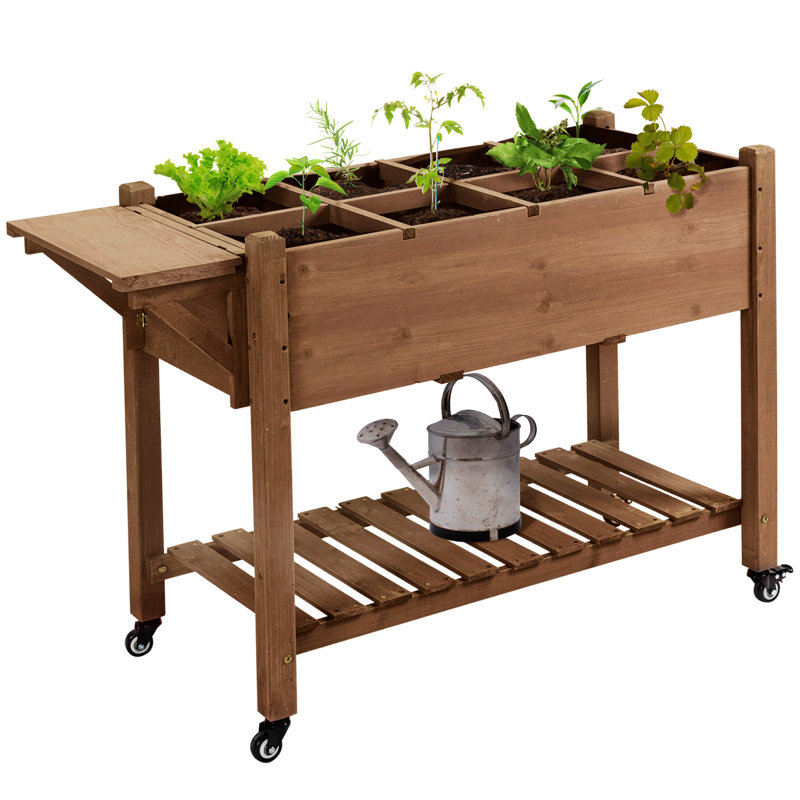 Brown Wooden Raised Garden Bed with Storage Shelf