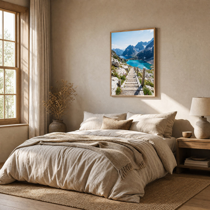 Art mural en bois, escalier en bois jusqu'au lac de montagne turquoise, H 36 po x l 24 po