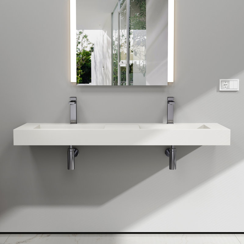 Lavabo de salle de bain mural double 59 po Medunjess, surface solide blanc mat, double lavabo mural, Robinets à monotrou