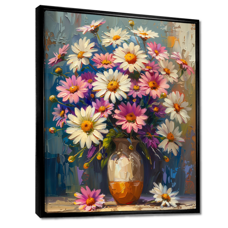 «Daisy Still Life Garden Collage I - Daisies Wall Art Living Room», Cadre flottant noir, H 16 po x l 32 po