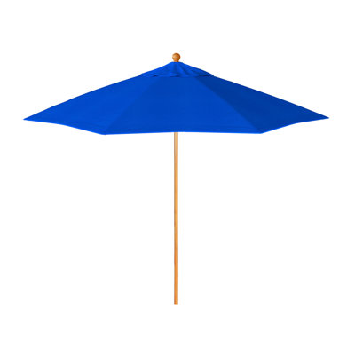 9 Foot Teak Wood Patio Umbrella With Fiberglass Ribs And Push Lift In Pacific Blue Sunbrella