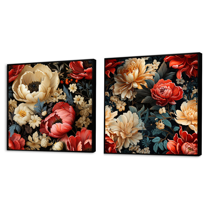 Poppy Blossum - rouge et beige, Cadre flottant noir, H 16 po x l 33 po