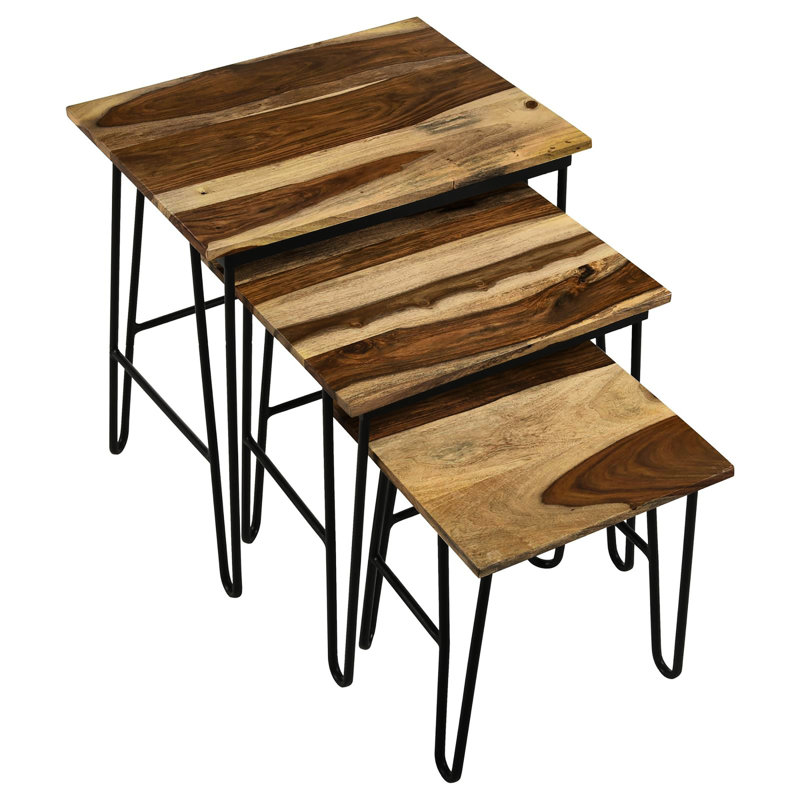 3 tables gigognes avec cadre rectangulaire en bois riche et support