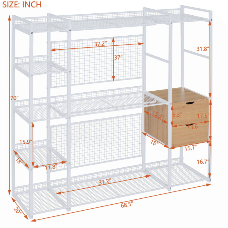 Open- Wardrobe With Hanging Rails, Shelves And Drawers,, White