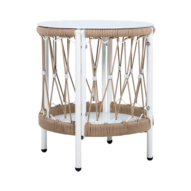 17.4" Outdoor Side Table Featuring Bohemian Appearance, - Rope And Glass For Patio Setting With Charm, Woven Tabletop Powder-Coated Frame Various Uses