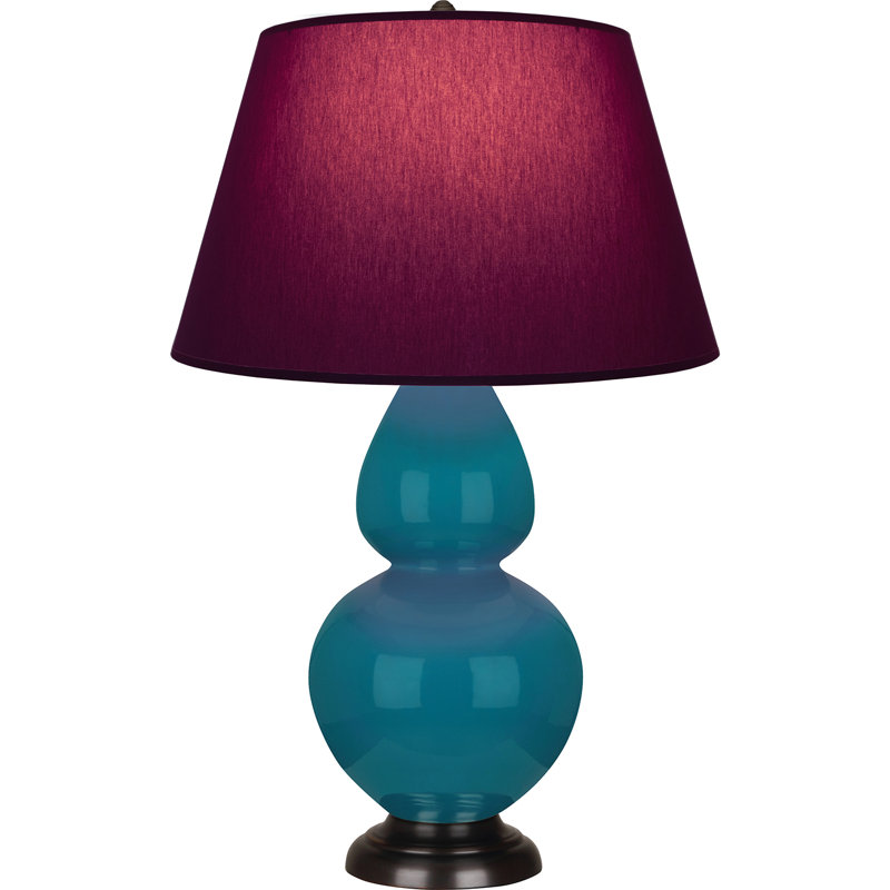 Lampe de table double gourde en céramique, Paon glacé / bronze, Prune / lavande, Bronze