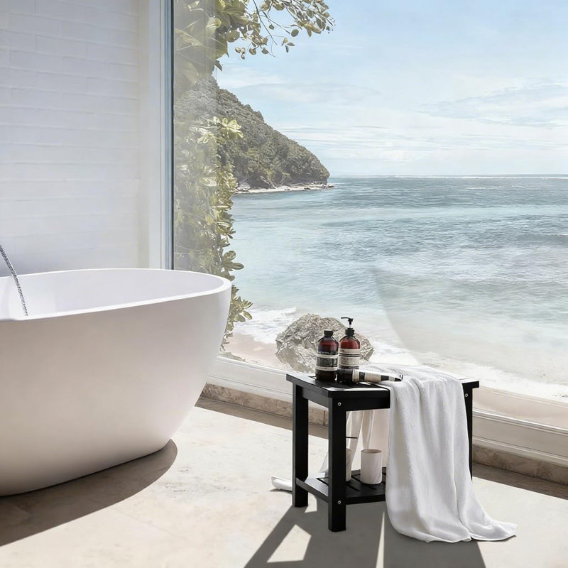 18,4 po Banc de douche en poly en bois avec tablette de rangement, Noir