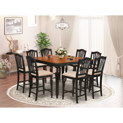 9 Piece Kitchen Counter Set Includes a Square Dining Table with Butterfly Leaf and 8 Linen Fabric Dining Room Chairs, 54x54 Inch, Black & Cherry