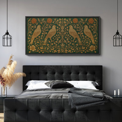 Classic Botanical Bird and Floral Pattern in Vintage Green and Gold - Large Framed Canvas Master Bedroom Wall Art Print