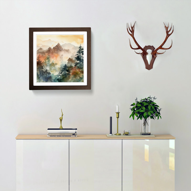 Japanese Mountains Watercolour No.2 - Single Picture Frame Print on Wood, Walnut