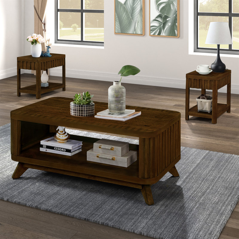 Ensemble de tables basses rectangulaires, 3 pièces avec pieds en bois massif, 1 table basse et 2 tables de bout, ensemble de tables basses en bois