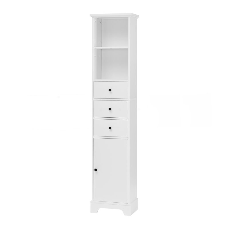 Grande armoire de salle de bain blanche, armoire de rangement autoportante avec 3 tiroirs et tablette réglable, panneau de fibres à densité moyenne avec finition peinte