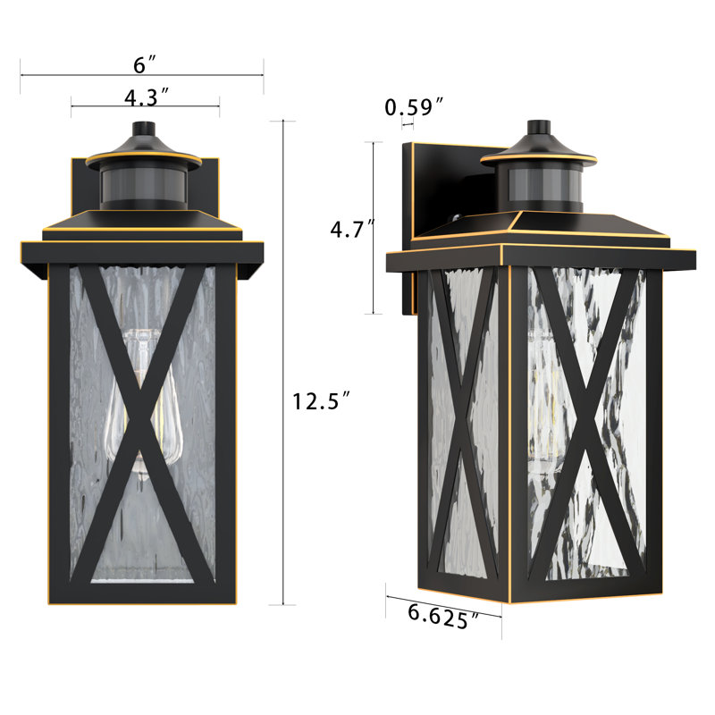 Lanterne murale d'extérieur 1 lumière avec abat-jour en verre noir 12,5 po H