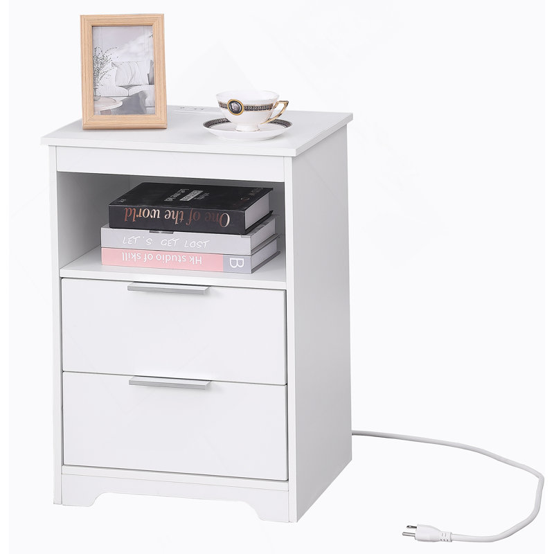 Table de chevet avec station de charge, table de bout à 2 tiroirs, table de bout en bois avec tiroir et tablette d'ouverture, table d'appoint pour chambre à coucher, blanc