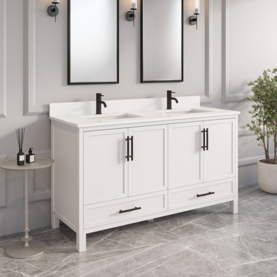 Houston II Solid Wood 60" W X 22" D Single Sink Bathroom Vanity In White With Stealth Organizer And Engineered Stone Top