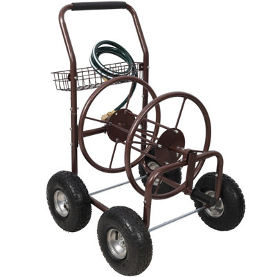 Chariot d'enroulement de boyau d'arrosage de jardin - Chariot d'enroulement de boyau d'arrosage portable 4 roues avec panier de rangement, support de boyau d'arrosage robuste résistant à la rouille pour pelouse de jardin extérieur