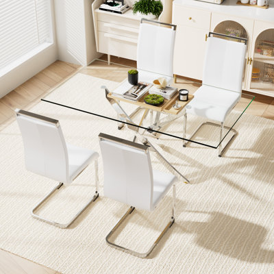 5 PCS,63" Rectangular Tempered Glass Table with 4 PU Leathe Upholstered Chairs