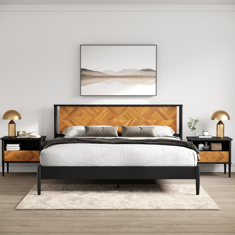 Cartlin Mid Century Modern Acacia Wood Platform Bed Frame with Artistic Chevron Headboard & Mystic Black Finish, 800lbs Heavy Duty, No Box Spring Needed