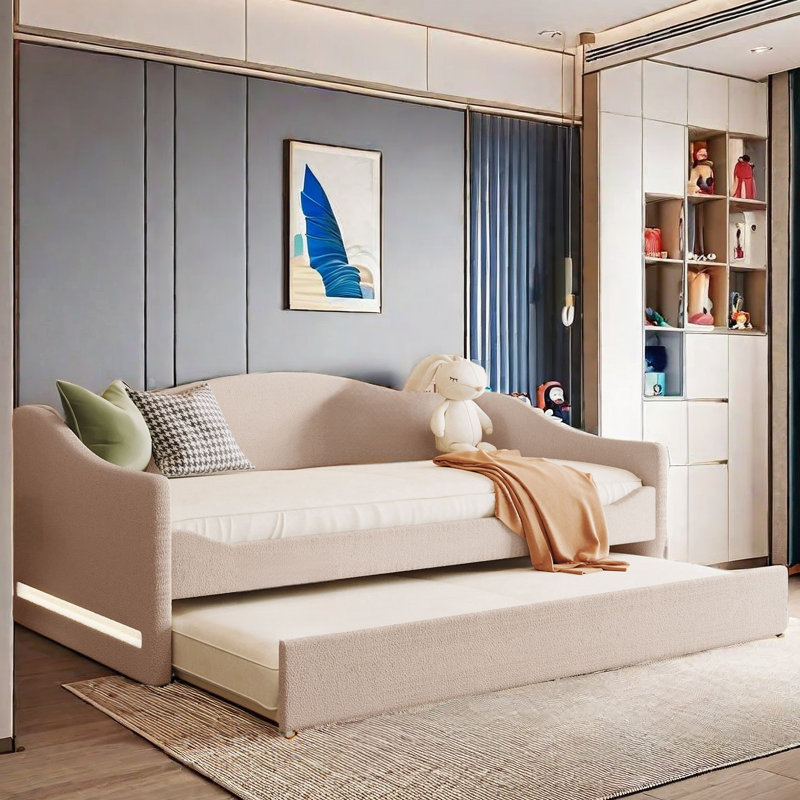 Taomi Upholstered Daybed with Light and Trundle, Beige, Twin