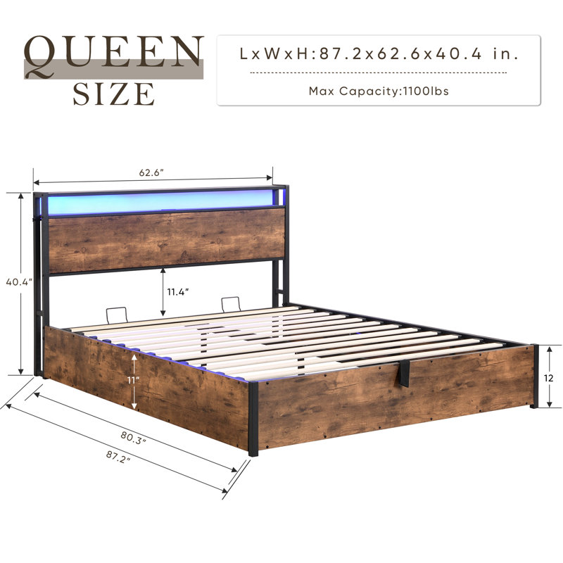 Lift-Up Storage Bed Frame, Size Bed Frame With Bookcase Headboard  LED Lights, Wooden Platform Bed Frame With Charging Station, No Spring Box Needed, Rustic Brown