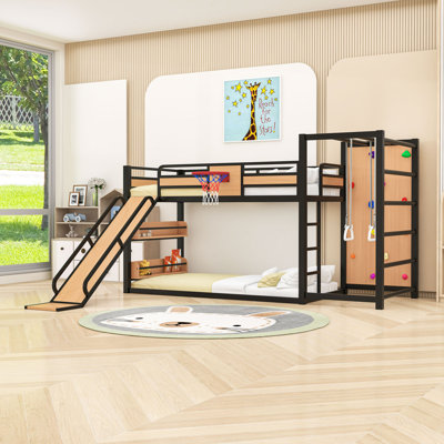Twin XL over Twin XL Bunk Bed with Shelves, Slide, Basketball Hoop, Climbing Wall