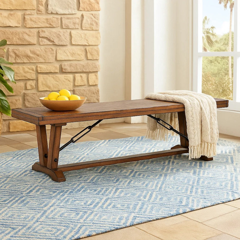 Banc industriel Yael, base en tréteaux, bois massif brun rustique de 70 pouces