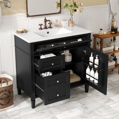 Meuble-lavabo 36 po avec lavabo supérieur, meuble-lavabo moderne avec 2 tiroirs et tiroir escamotable, meuble-lavabo simple